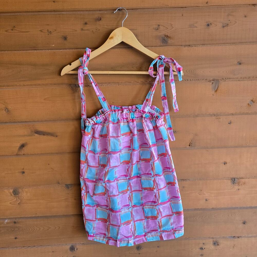 Brooke Wright Coco Tank Top Tuckernuck Blue Pink Bow Blouse XS/S Preppy Boho - Picture 2 of 6